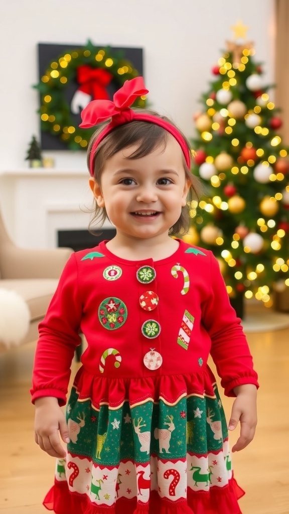 A joyful toddler in a Christmas dress with festive patterns, standing in a decorated living room.